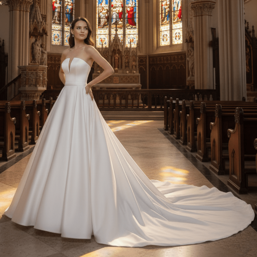 Satin Strapless Wedding Dresses with Plunging and Ball Gown Skirt - Rosymae