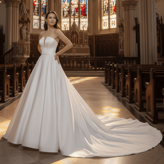Satin Strapless Wedding Dresses with Plunging and Ball Gown Skirt - Rosymae