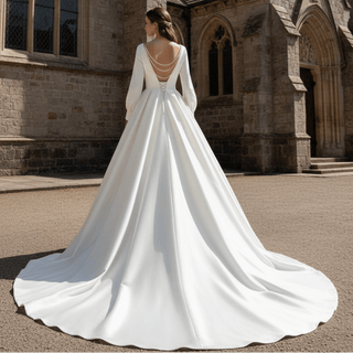 Satin V-Neck Ball Gown Wedding Dress with Long Sleeves - Rosymae