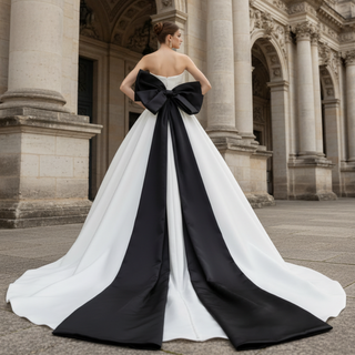 Unique Simple Satin Wedding Dress with Long Black Bowknot