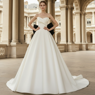 Unique Simple Satin Wedding Dress with Long Black Bowknot