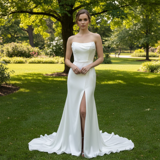 Elegant Curve Neck Strapless Satin Wedding Dress with Leg Slit for Bride