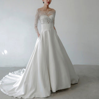 Satin Long Sleeve A-line Wedding Dress with Pocket