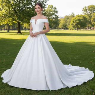 Plunging V Off The Shoulder Ball Gown Satin Bridal Gowns