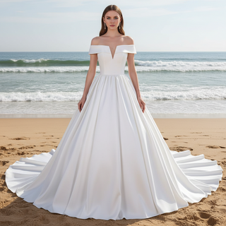 Plunging V Off The Shoulder Ball Gown Satin Bridal Gowns