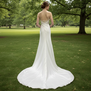 Elegant Curve Neck Strapless Satin Wedding Dress with Leg Slit for Bride