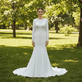 Scoop Long Sleeve Mermaid Wedding Dress with Trumpet Skirt - Rosymae