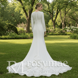 Scoop Long Sleeve Mermaid Wedding Dress with Trumpet Skirt - Rosymae