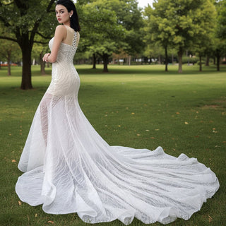 Scoop Mermaid Wedding Dress Beaded Sheer Bridal Gown - Rosymae