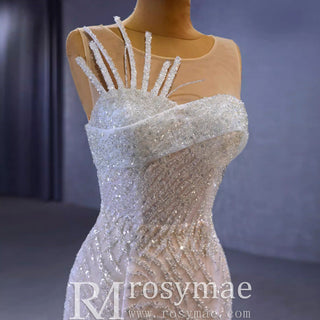 Scoop Mermaid Wedding Dress Beaded Sheer Bridal Gown - Rosymae