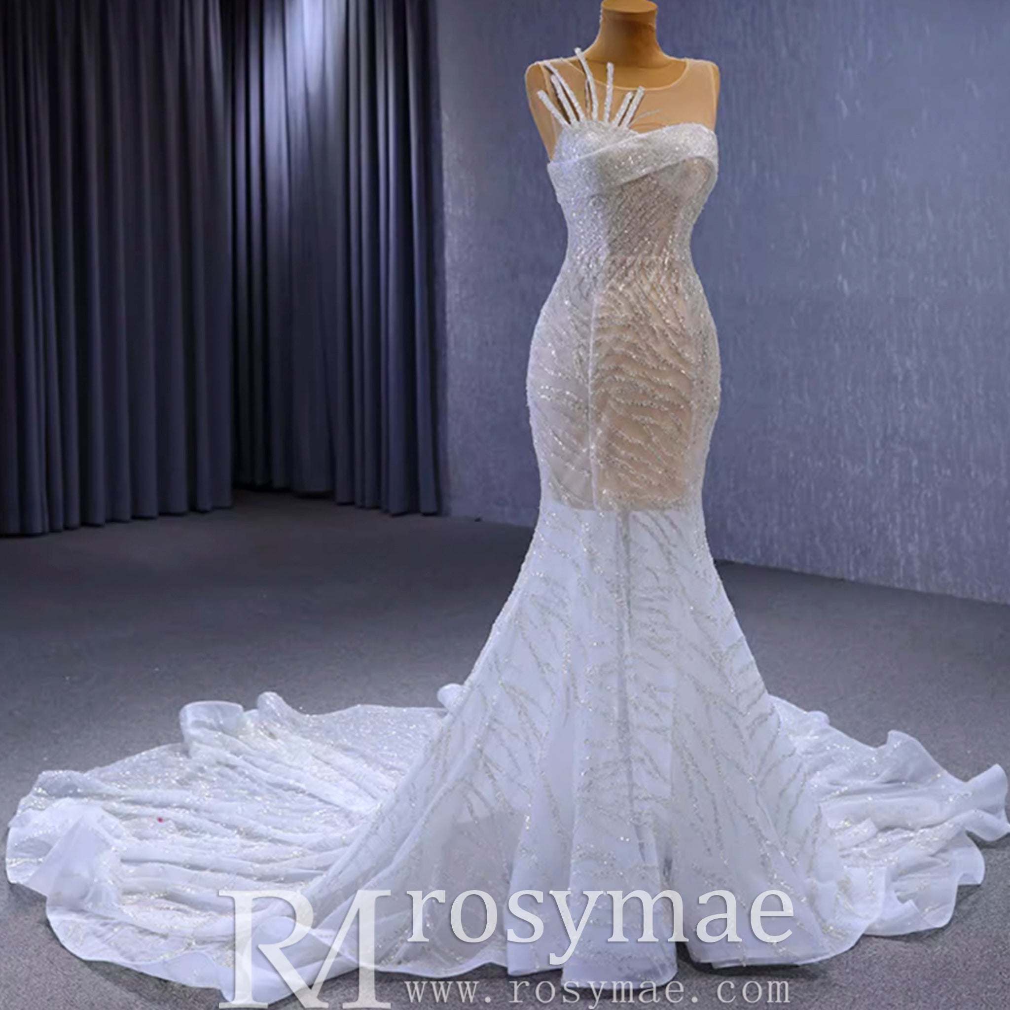 Scoop Mermaid Wedding Dress Beaded Sheer Bridal Gown - Rosymae