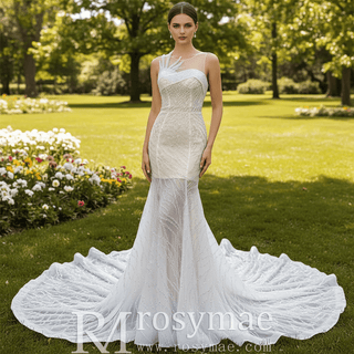 Scoop Mermaid Wedding Dress Beaded Sheer Bridal Gown - Rosymae