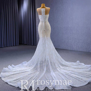 Scoop Mermaid Wedding Dress Beaded Sheer Bridal Gown - Rosymae