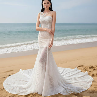 Scoop Mermaid Wedding Dress Beaded Sheer Bridal Gown - Rosymae