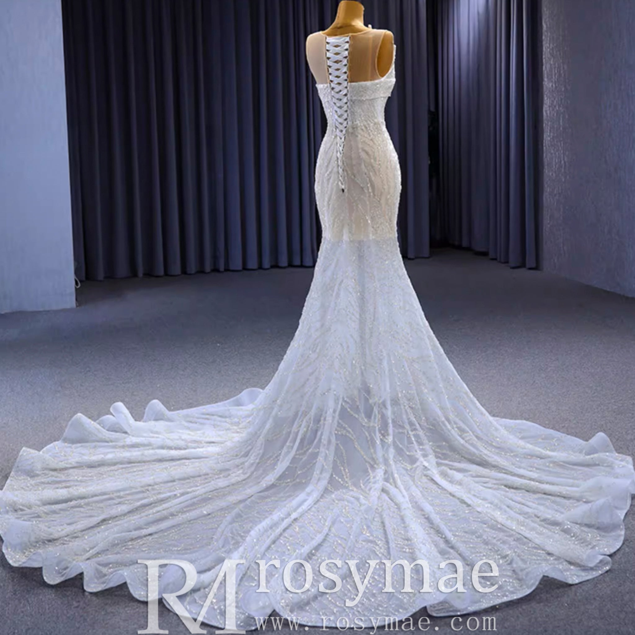Scoop Mermaid Wedding Dress Beaded Sheer Bridal Gown - Rosymae