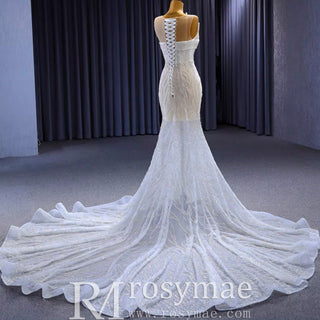 Scoop Mermaid Wedding Dress Beaded Sheer Bridal Gown - Rosymae