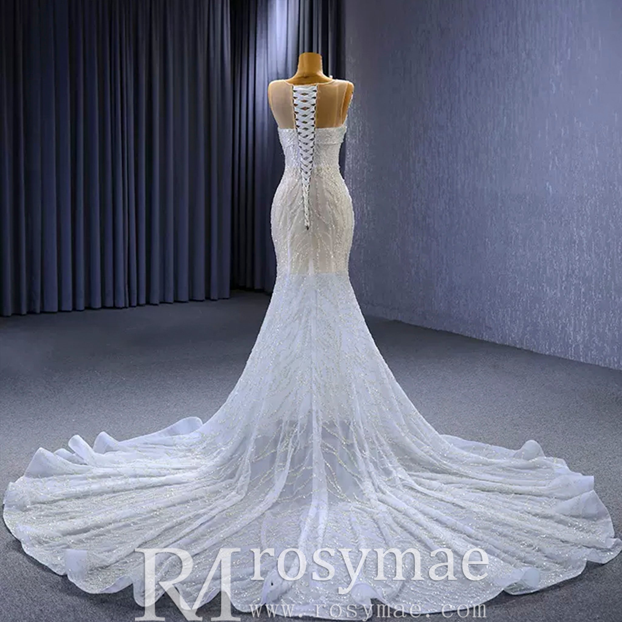 Scoop Mermaid Wedding Dress Beaded Sheer Bridal Gown - Rosymae