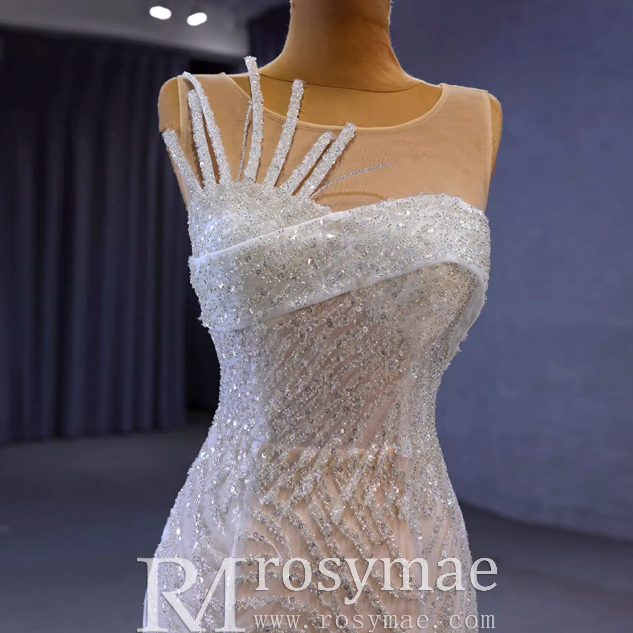 Scoop Mermaid Wedding Dress Beaded Sheer Bridal Gown - Rosymae