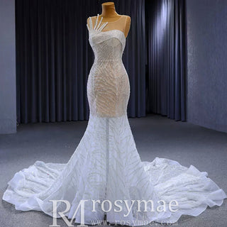 Scoop Mermaid Wedding Dress Beaded Sheer Bridal Gown - Rosymae
