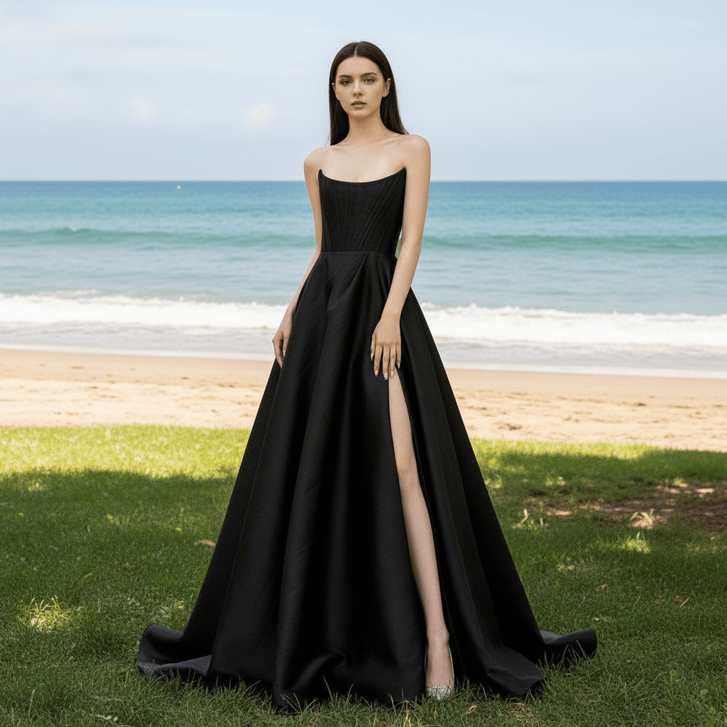 Scoop Neck A-line Black Wedding Dress Bridal Gown with Leg Slit - Rosymae