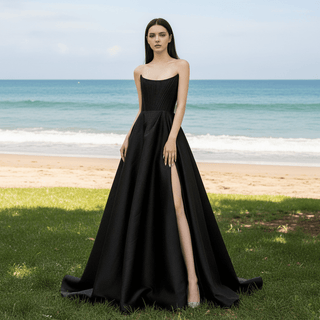 Scoop Neck A-line Black Wedding Dress Bridal Gown with Leg Slit - Rosymae