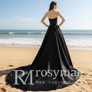 Scoop Neck A-line Black Wedding Dress Bridal Gown with Leg Slit - Rosymae