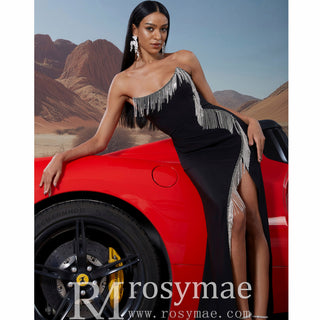 Scoop Neck Black Crystal Embellished High Leg Slit Prom Gown BP045 - Rosymae