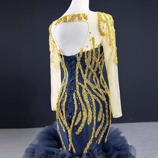 Scoop Neck Pageant Gown Navy Blue Mermaid Prom Dress with Long Sleeves - Rosymae