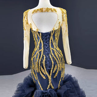 Scoop Neck Pageant Gown Navy Blue Mermaid Prom Dress with Long Sleeves - Rosymae