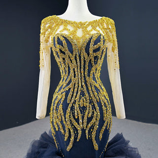 Scoop Neck Pageant Gown Navy Blue Mermaid Prom Dress with Long Sleeves - Rosymae