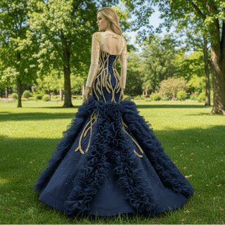 Scoop Neck Pageant Gown Navy Blue Mermaid Prom Dress with Long Sleeves - Rosymae