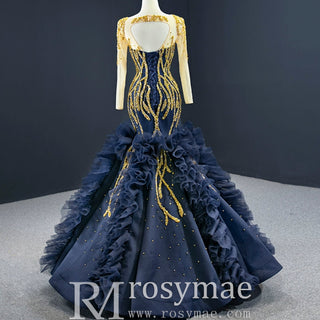 Scoop Neck Pageant Gown Navy Blue Mermaid Prom Dress with Long Sleeves - Rosymae