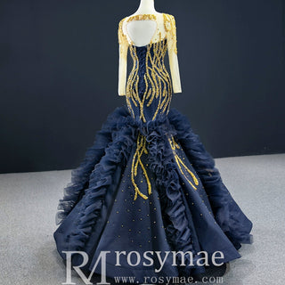 Scoop Neck Pageant Gown Navy Blue Mermaid Prom Dress with Long Sleeves - Rosymae