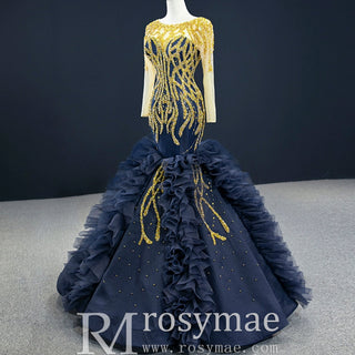 Scoop Neck Pageant Gown Navy Blue Mermaid Prom Dress with Long Sleeves - Rosymae