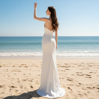 Scoop Neck Simple Wedding Dress With Detachable Cape - Rosymae