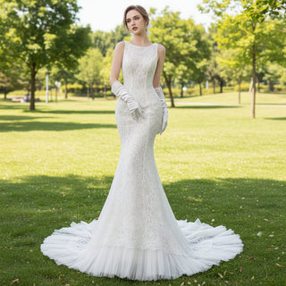 Scoop Neck Tank Top Lace Mermaid Wedding Dress with Trumpet Skirt - Rosymae