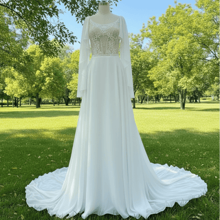 Scoop Neckline Chiffon A-line Wedding Dress with Flowy Sleeve - Rosymae
