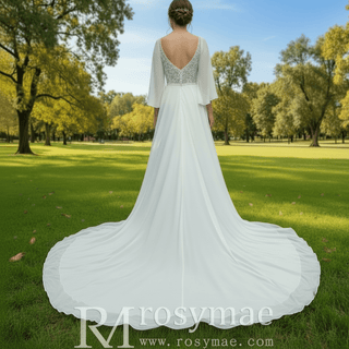 Scoop Neckline Chiffon A-line Wedding Dress with Flowy Sleeve - Rosymae