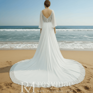 Scoop Neckline Chiffon A-line Wedding Dress with Flowy Sleeve - Rosymae