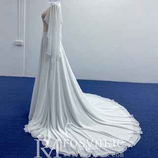 Scoop Neckline Chiffon A-line Wedding Dress with Flowy Sleeve - Rosymae