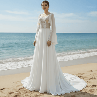 Scoop Neckline Chiffon A-line Wedding Dress with Flowy Sleeve - Rosymae
