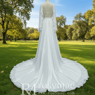 Scoop Neckline Chiffon A-line Wedding Dress with Flowy Sleeve - Rosymae