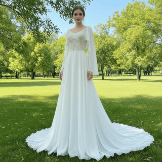 Scoop Neckline Chiffon A-line Wedding Dress with Flowy Sleeve - Rosymae