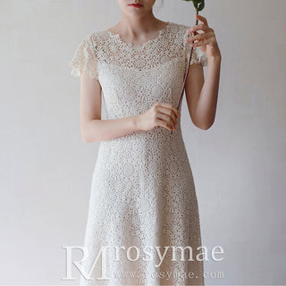 Scoop Short and Tea Length Lace Wedding Dress with Short Sleeve - Rosymae
