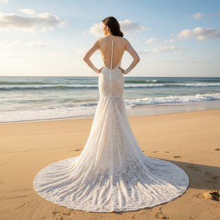 Sheer Long Sleeve Lace Fit Flare Wedding Dress with Sweetheat Neck