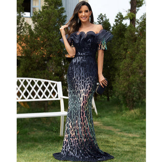 Sequin Lotus Evening Gown Off-The-Shoulder Fishtail Prom Dress - Rosymae