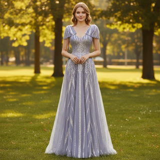 Lilac Sequin Formal Dress Prom Evening Party Gown with Capped Sleeve