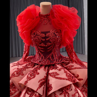 Sequined Lace Puffy Long Sleeve Ruffle Big Quinceanera Dress with O Neck - Rosymae