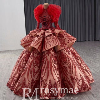 Sequined Lace Puffy Long Sleeve Ruffle Big Quinceanera Dress with O Neck - Rosymae