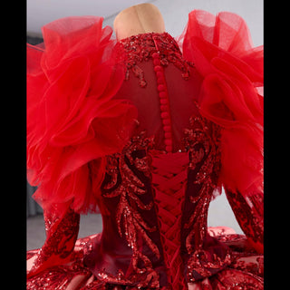 Sequined Lace Puffy Long Sleeve Ruffle Big Quinceanera Dress with O Neck - Rosymae